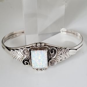 MKM Sterling Foil Glass Opal Ornate Leaf/Scroll Cuff